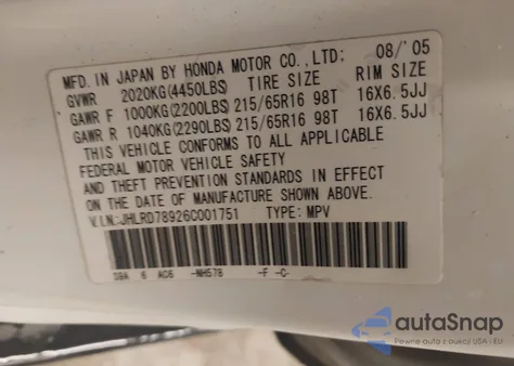 2006 Honda Cr-V Se z USA, uszkodzony, nr VIN JHLRD78926C001751